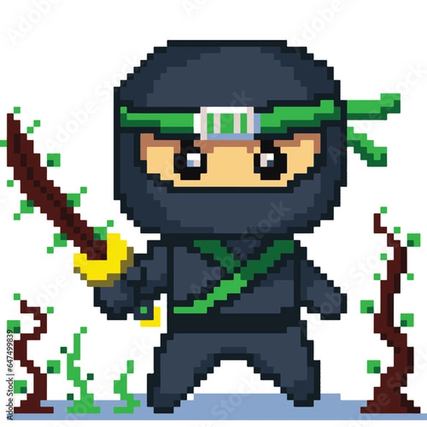 Fototapeta 8 bit Pixel Japanese Green Ninja Katana Wooden Leaf Elements Character Vector Illustration