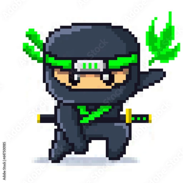 Fototapeta 8 bit Pixel Japanese Green Ninja Leaf Elements Character Vector Illustration
