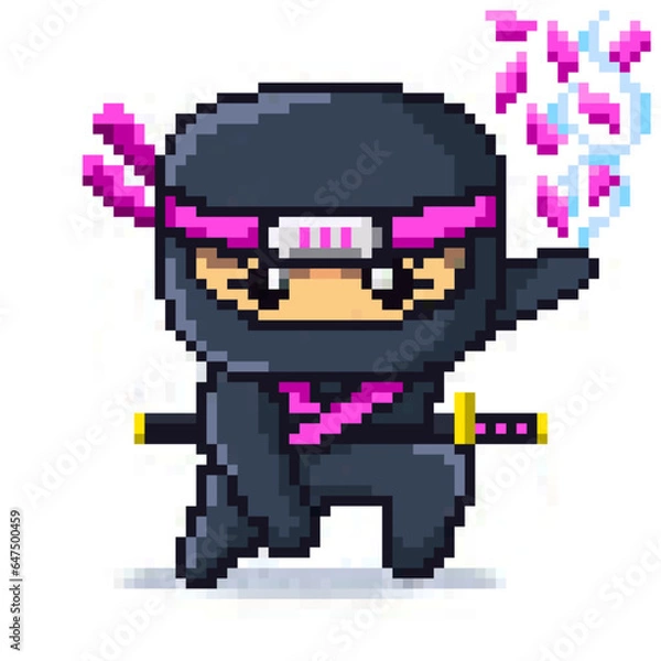 Fototapeta 8 bit Pixel Japanese Pink Ninja Sakura Elements Character Vector Illustration