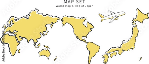 Obraz ラフな線で描かれた日本地図と世界地図のイラスト素材セット