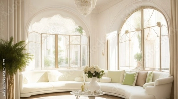 Obraz The interior design of the living room with a white sofa and green pillows.