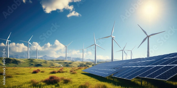 Fototapeta Green energy concept banner design with wind turbines and solar panels landscape. Renewable sources of solar and wind energy.