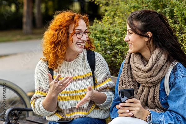Fototapeta Two woman friends sitting on bench in public park with mobile phone on hand, talk and smile