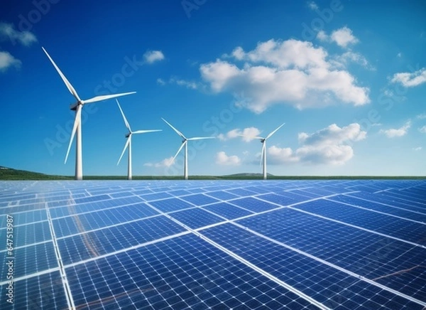 Fototapeta Renewable Energy: Solar Panels and Wind Turbines against a Clear Blue Sky