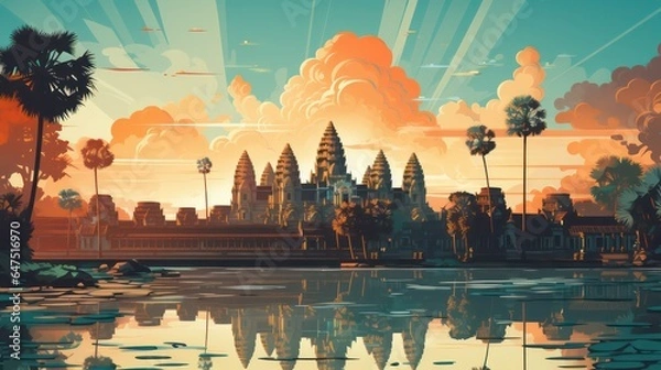 Fototapeta Angkor Wat Poster in the Evening with Blue Sky View  generative ai