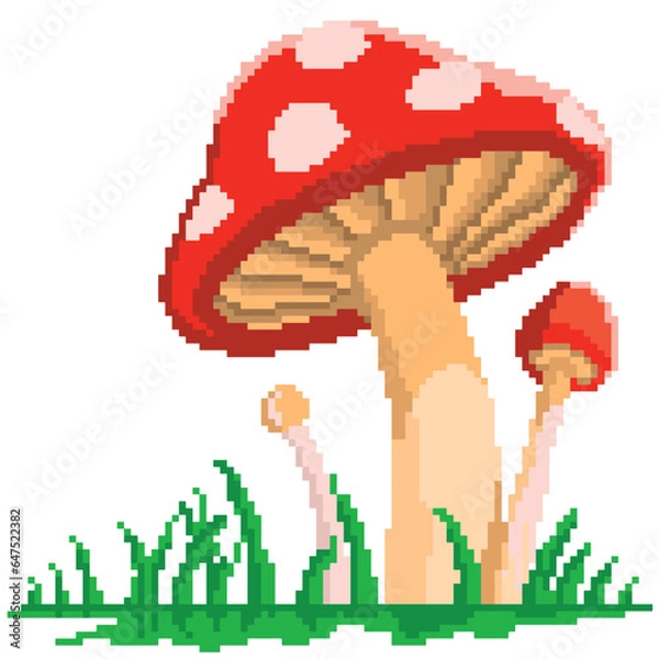 Fototapeta 8 bit pixel red mushroom in grass field vector illustration
