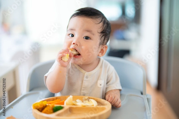 Fototapeta 離乳食後期でをつかみ食べをしてご機嫌な生後9か月の赤ちゃん