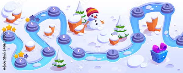 Fototapeta Christmas game rad map board with winter snow. Cute New Year track design with level indicator achievement and score progress. Merry Xmas snowy mobile videogame app interface assets with landscape