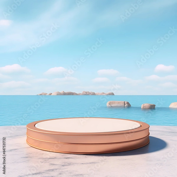 Fototapeta Podium stage stand for product placement on a sky and ocean background