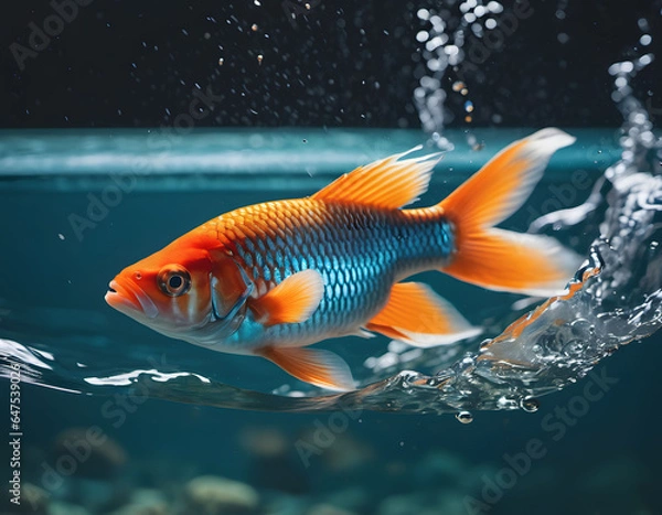 Fototapeta Colour fish tossed above water surface Splash art water. AI generative.