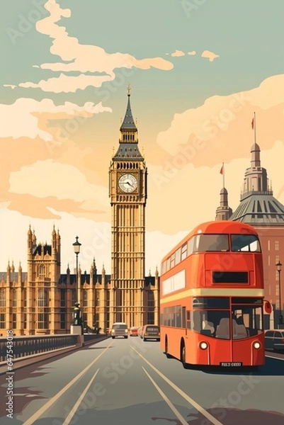 Obraz London retro city poster with Big Ben and red bus