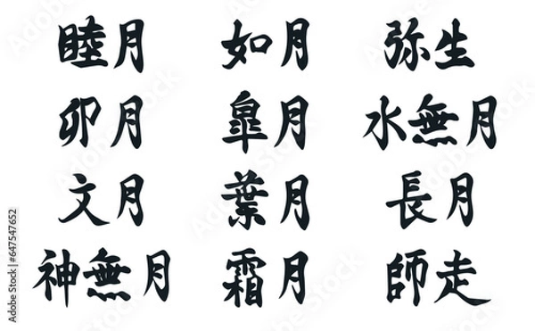 Obraz 月の和名・手描き文字セット