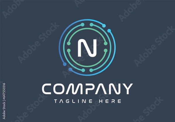 Obraz Letter N logotype green and blue colors, Technology, and digital abstract dot connection logo vector.