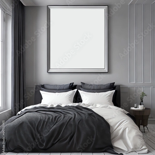 Fototapeta Interior bedroom minimalist with frame mock up by AI, Artificial Intelligence	