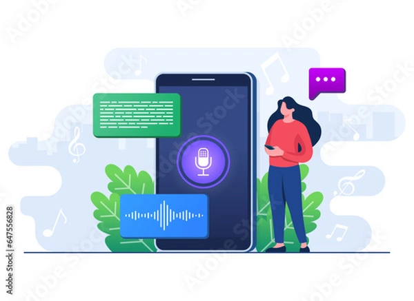 Fototapeta Speech recognition, Convert online voice messages into text using artificial intelligence online bot, Voice message, Online voice assistant