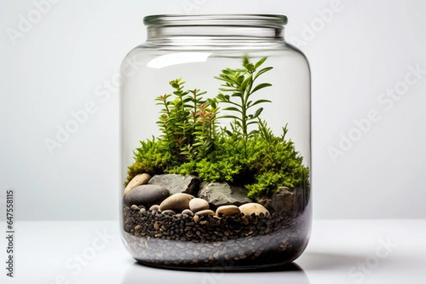 Fototapeta Ecosystem in a jar, glass terrarium with small plants isolated on white background