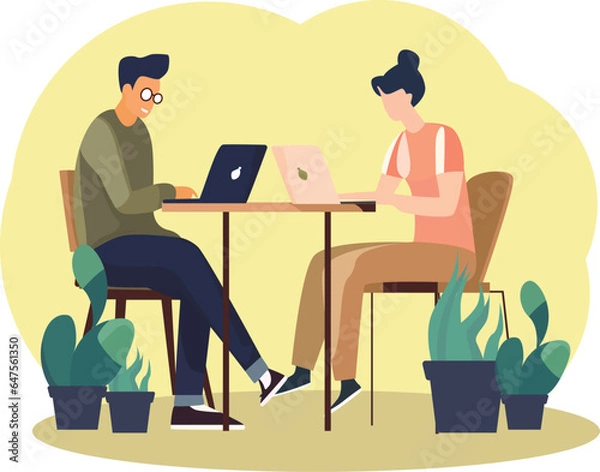 Fototapeta Vector illustration of office workers sitting at desks in flat design style