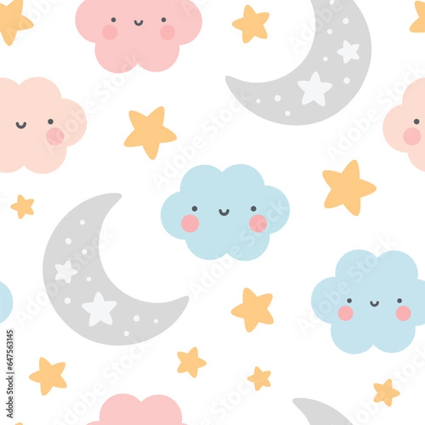 Obraz Moon, Sun, Cloud and Stars Cute Seamless Pattern, Cartoon Vector Illustration, Cute Kawaii Cartoon Drawn Background, Isolated Background