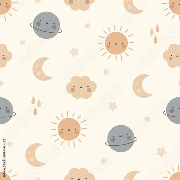 Obraz Moon, Sun, Cloud and Stars Cute Seamless Pattern, Cartoon Vector Illustration, Cute Kawaii Cartoon Drawn Background, Isolated Background