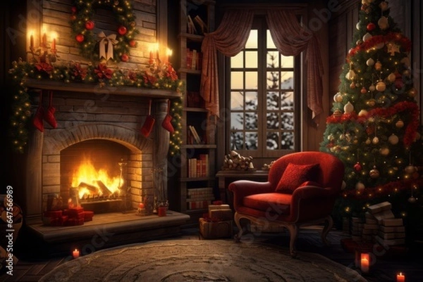 Fototapeta A cozy living room with a Christmas tree, presents, and a crackling fire in the fireplace