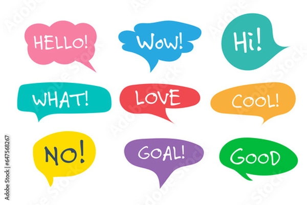 Fototapeta Speech bubble cloud with hand drawn phrases text for communication, vector illustration.