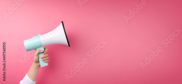 Fototapeta Megaphone in woman hand on a pink background. Copy space. Place for text. Generative AI