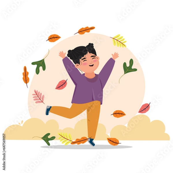 Fototapeta Cute girl in leaves happy to be outside and enjoys the weather