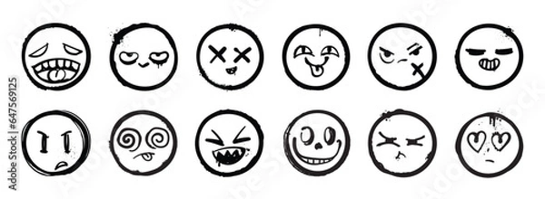 Fototapeta Zestaw graffiti twarzy wektor farby w sprayu. Kolekcja spray twarz emocje uśmiechu twarz, gniew, smutna, przebiegła, szczęśliwa, zabawna, głupia. Ilustracja projektowa do dekoracji, karty, naklejka. Banner, sztuka uliczna.