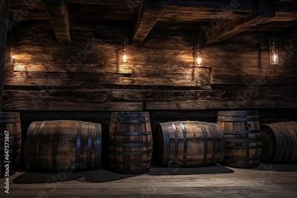 Obraz Barrels for wine storage in an old underground cellar. Wine cellars concept