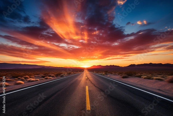 Fototapeta A beautiful photographic image of an open road going down to a vanishing point with a golden sunset