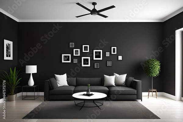 Obraz Modern dark home interior background, wall mock up. Wide view