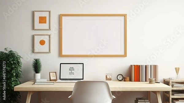 Fototapeta a blank award template mockup with an empty frame placed in a modern office setting characterized by light colors and minimalist design. Convey the idea of recognition and achievement.