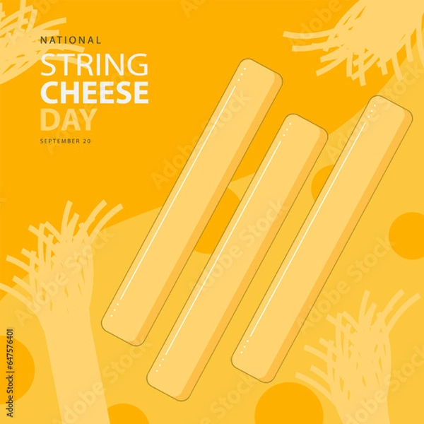 Fototapeta National String Cheese Day on september 20, with vector illustration some string cheese and text isolated on abstract backround for celebrate and commemorate National String Cheese Day. 