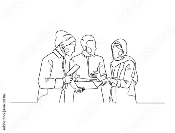 Fototapeta Continuous one line drawing of business people teamwork. Vector illustration.
