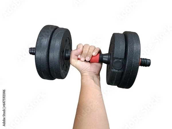 Fototapeta Arm lifting dumbbell exercise white background