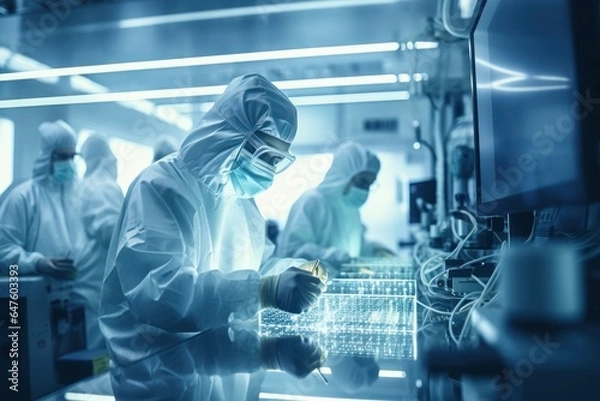 Obraz Data scientists work in a modern office of a technology company on the development of a quantum computer. Science, technology, big data and blockchain concept.
