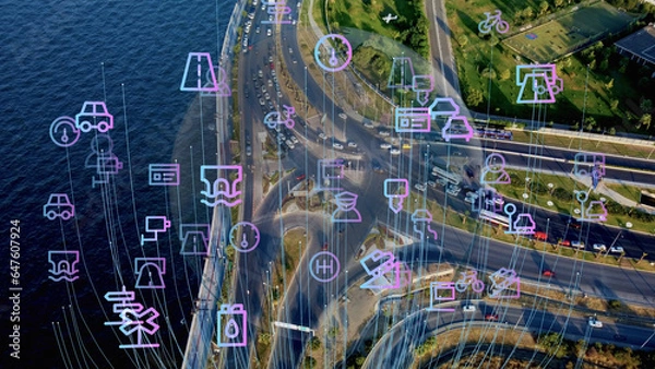 Obraz Intelligent Vehicles Cars Communicating Ai Logistic Autonomous Delivery Vehicles IoT GPS Tracking Satellite 5G Smart Roads Traffic Road Junction Interchange Motorway Triangulation Of Traffic Data