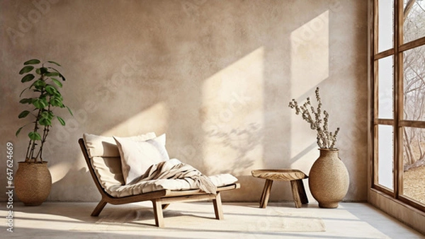 Fototapeta Lounge chair near the window against the beige stucco wall. Rustic interior design of modern living room in country house with a lot of sunlights