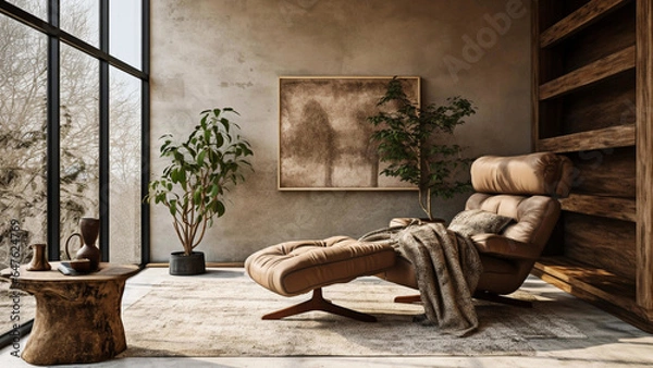 Fototapeta Lounge chair near the window against the beige stucco wall. Rustic interior design of modern living room in country house with a lot of sunlights