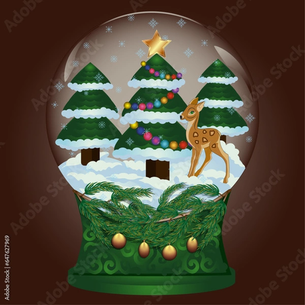 Fototapeta snow globe,deer in the snow, decorated christmas tree in the snow,christmas tree branch,christmas balls, snow falls, star at the top of the tree, the star is burning on the tree, christmas glass globe