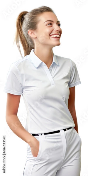 Fototapeta Friendly dental assistant in white polo shirt, smiling confidently in portrait.