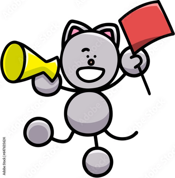 Obraz メガホンと旗で応援するにゃんまるのイラスト(左右反転バージョン)　猫
