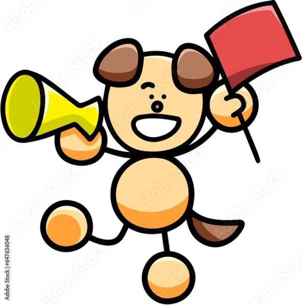 Obraz メガホンと旗で応援するわんまるのイラスト(左右反転バージョン)　犬
