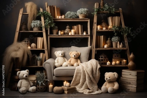 Fototapeta Newborn photography studio with cozy setups and adorable props, Generative AI