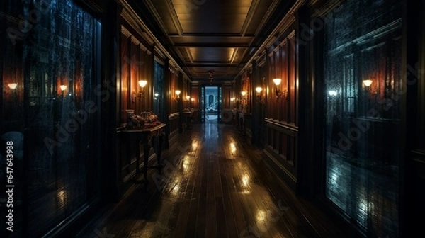 Fototapeta Dark victorian mansion hallway with gloomy lights and carpet in steampunk style