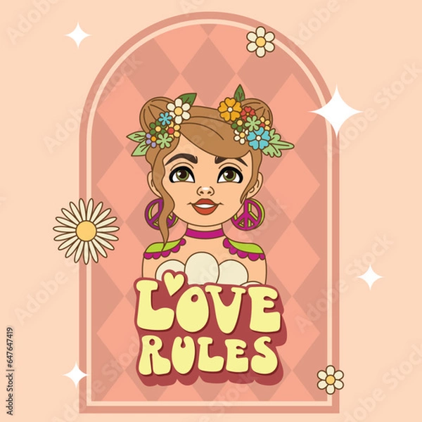 Fototapeta Love Rules. a groovy hippie girl. rainbow postcard, poster