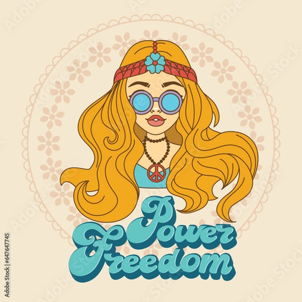 Obraz Power Freedom. a groovy hippie girl. rainbow postcard, poster