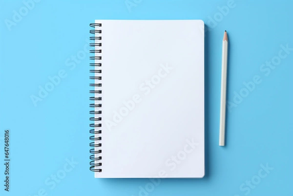 Obraz A white notebook is next to white pencil on a blue background 