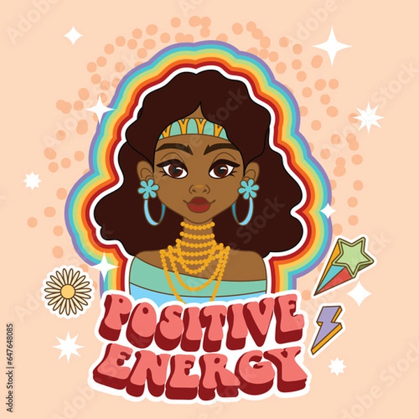 Obraz Positive energy. a groovy hippie girl. rainbow postcard, poster