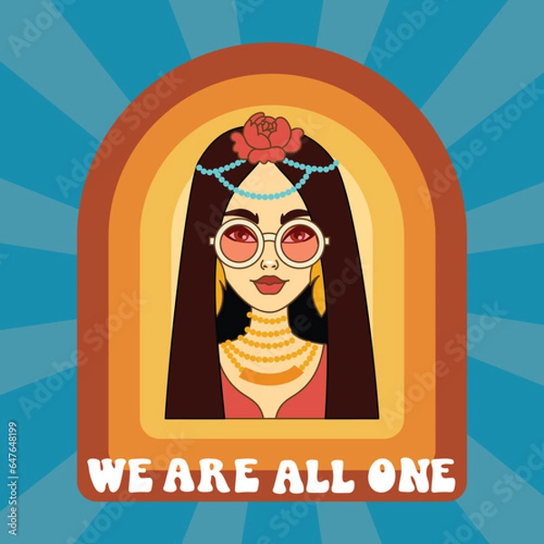 Obraz  Hippie girl in 60s-70s style, 'We are all one' text. Poster or card.